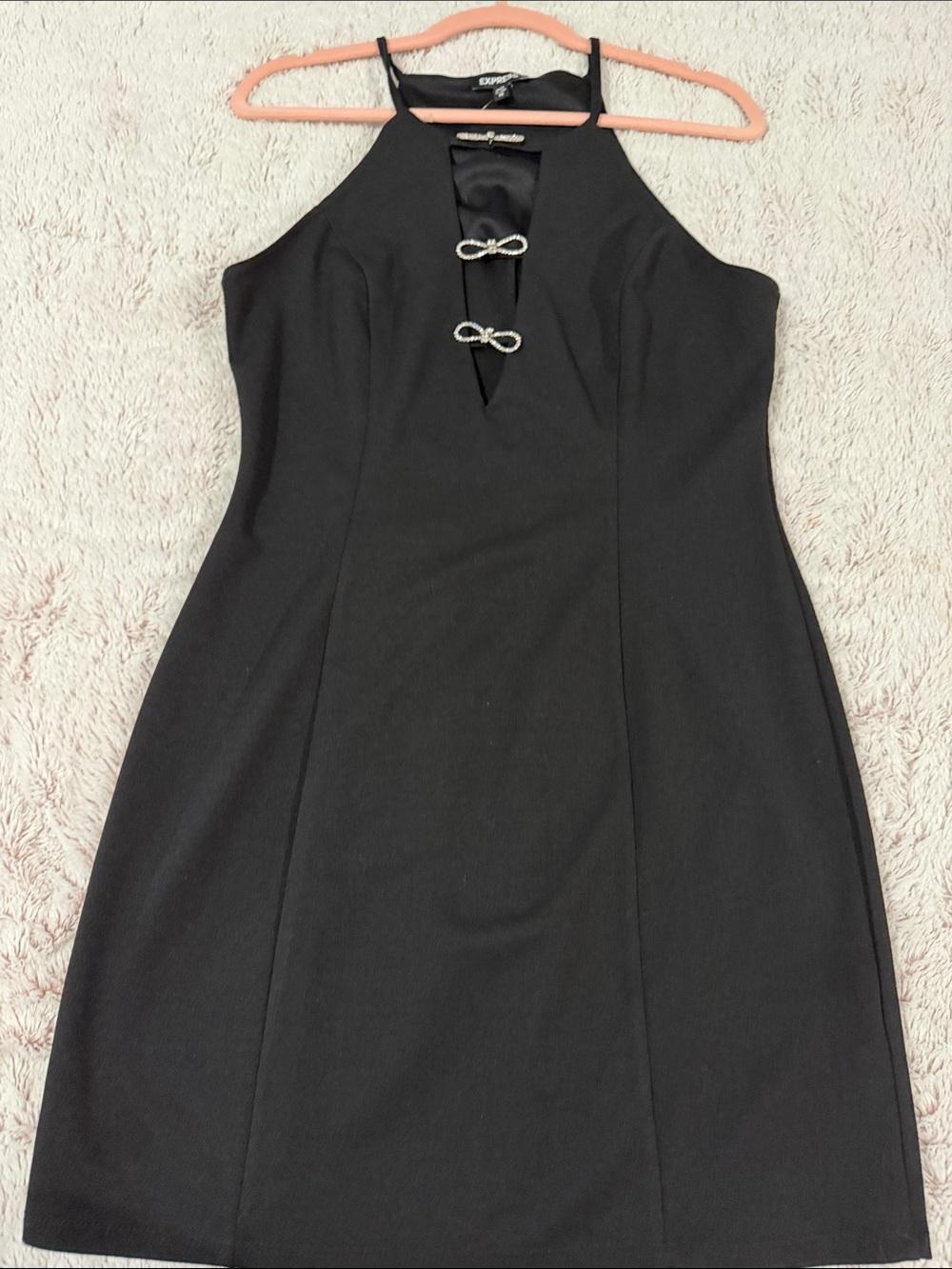 Express Black Halter Mini Dress with Rhinestone Bow Accents